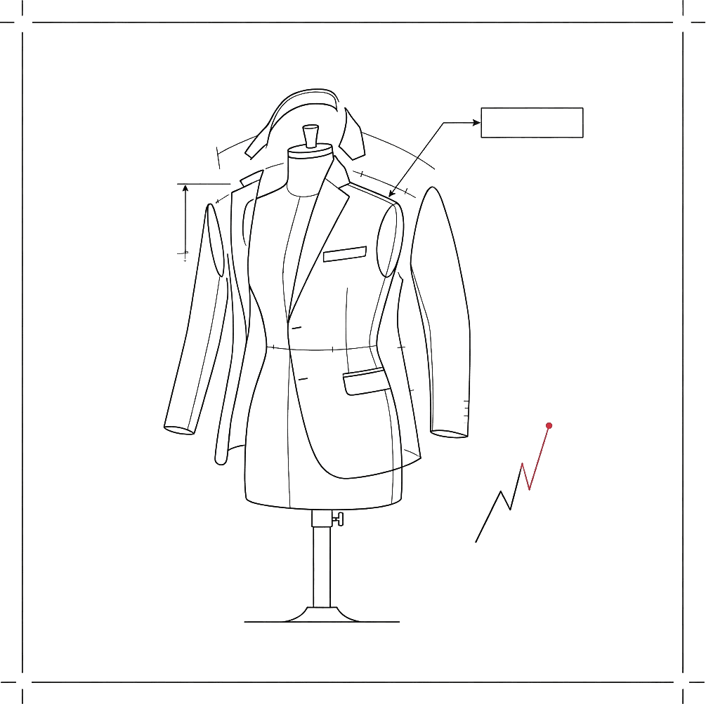 Technical line drawing of a suit jacket on a tailor's dress form