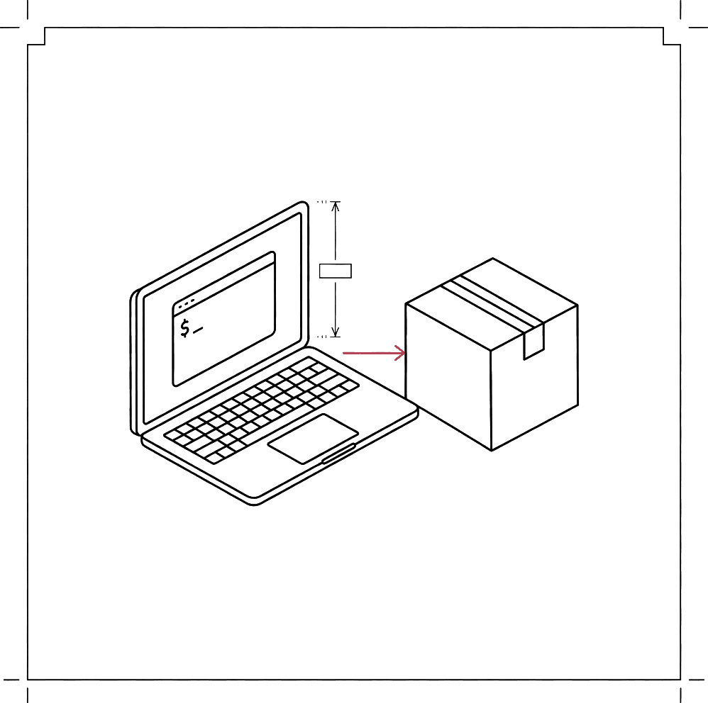 Technical line drawing of a laptop terminal and a shipped box joined by an arrow